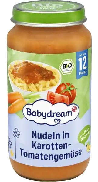 BABYDREAM BIO MAKARON W WARZYWACH Z MARCHEWKĄ I POMIDORAMI 12m.jpg