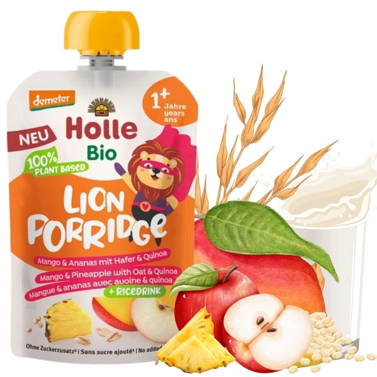 Holle Bio Mus Owocowy Z Napojem Ryżowym Mango Ananas I Komosa Bez Cukru