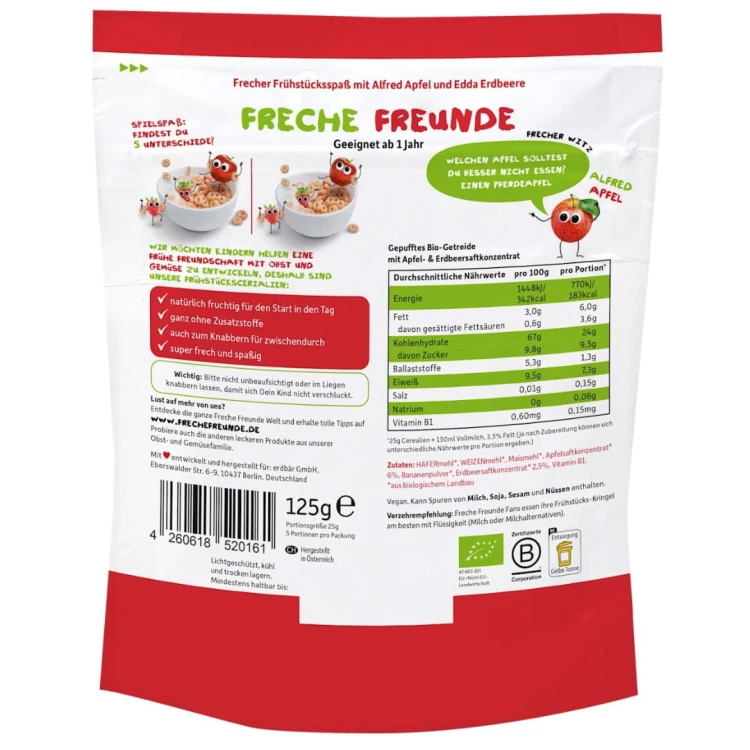 Freche Bio Oponki Do Mleka 125G Truskawkowe Płatki Na Śniadanie Bez Cukru