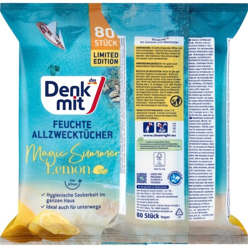 Denkmit Magic Summer Mokre Ściereczki XXLChusteczki Czyszczące Lemon 80 szt