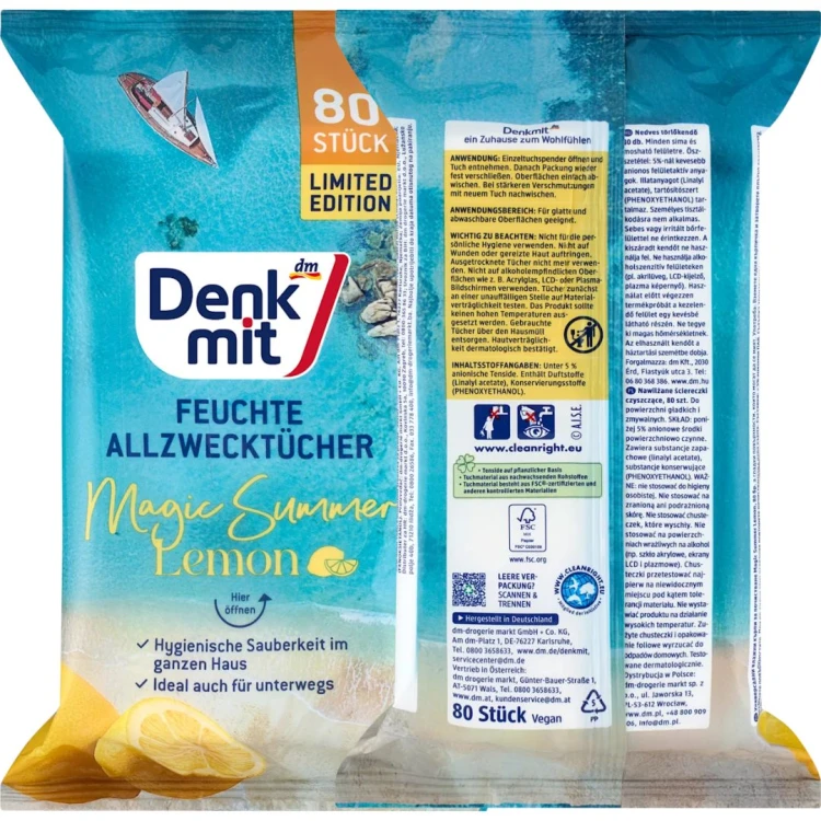 Denkmit Magic Summer Mokre Ściereczki XXLChusteczki Czyszczące Lemon 80 szt