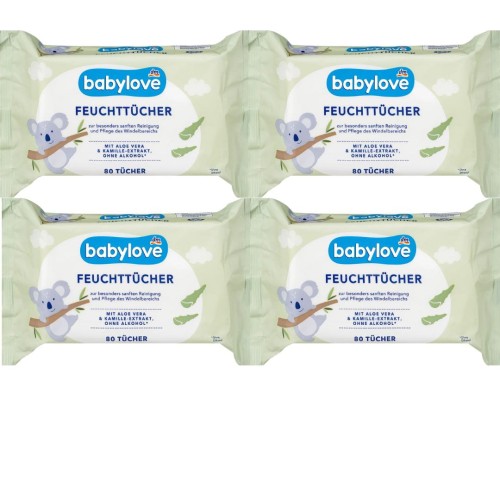 Babylove Chusteczki Nawilżane Dla Niemowląt Aloes I Kojący Rumianek 4x80 szt