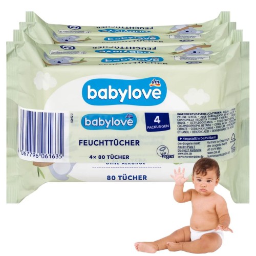 Babylove Chusteczki Nawilżane Dla Niemowląt Aloes I Kojący Rumianek 4x80 szt