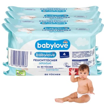 Babylove Sensitive Chusteczki Nawilżane Dla Niemowląt Bez Zapachu 4X80 szt