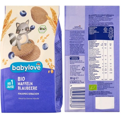 Babylove Bio Ekologiczne Lekkie Wafelki Jagodowe Chrupiące Ciasteczka 1+