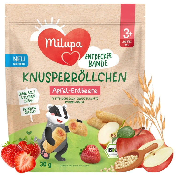 Milupa Bio Chrupące Ciasteczka Rolki Mini Bułeczki Jabłko Truskawka 3+ Nowość