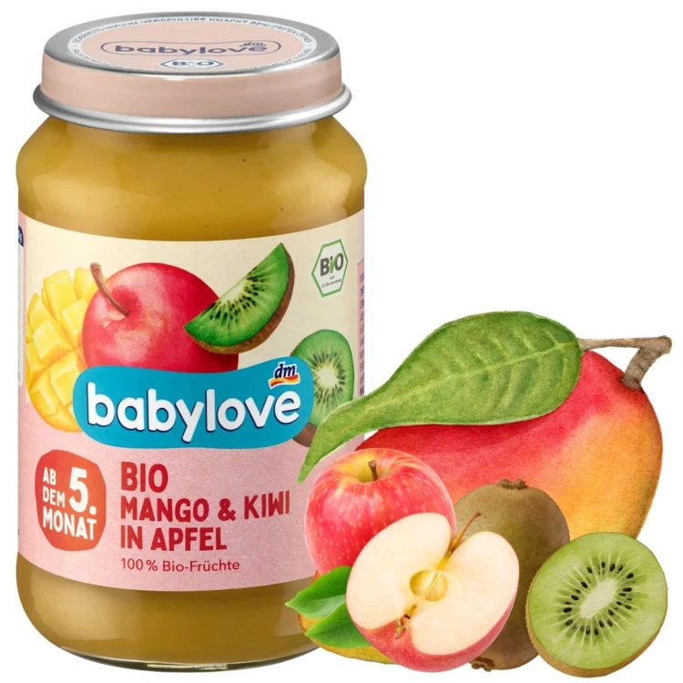 Babylove Bio Deser Owocowy Mus Dla Dzieci Mango Kiwi Jabłko 5m 100% Owoców
