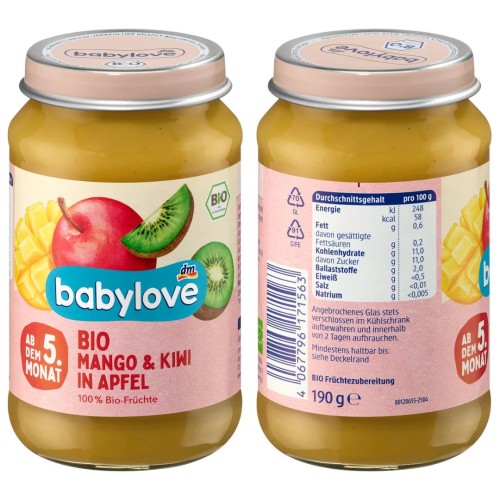 Babylove Bio Deser Owocowy Mus Dla Dzieci Mango Kiwi Jabłko 5m 100% Owoców