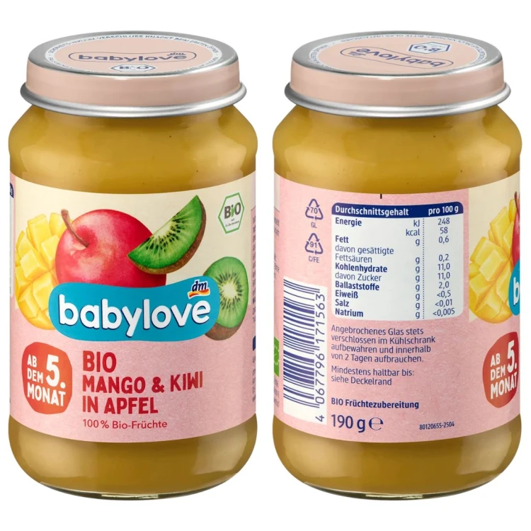 Babylove Bio Deser Owocowy Mus Dla Dzieci Mango Kiwi Jabłko 5m 100% Owoców