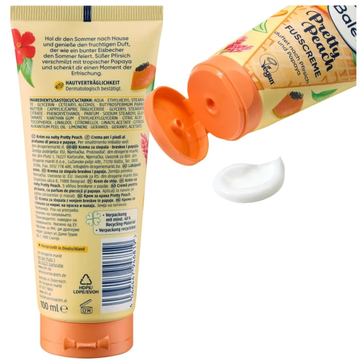 Balea Pretty Peach Nawilżający Krem Do Stóp Sorbet Brzoskwinia Papaya 100ml