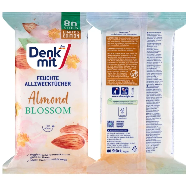 Denkmit Almond Blossom Mokre Ściereczki Chusteczki Czyszczące Migdał 80szt