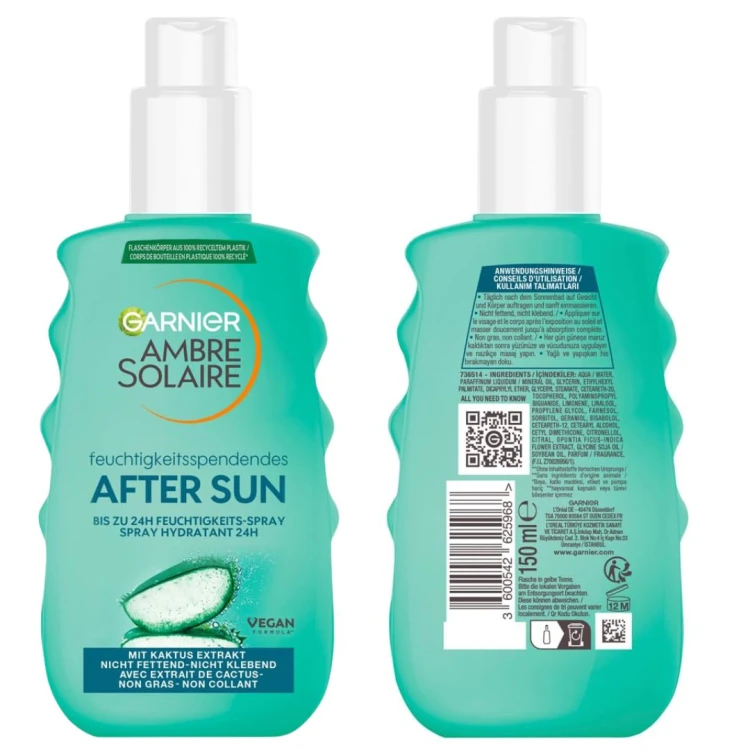 Garnier Ambre Spray Łagodzące Mleczko Po Opalaniu After Sun Kojący Aloes Kaktus 150ml