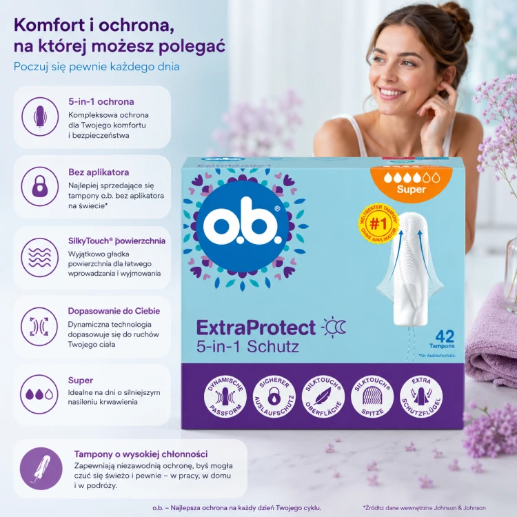 O.B. Extra Protect Super Tampony 42 szt 5-In-1 Schutz Silktouch Z Niemiec