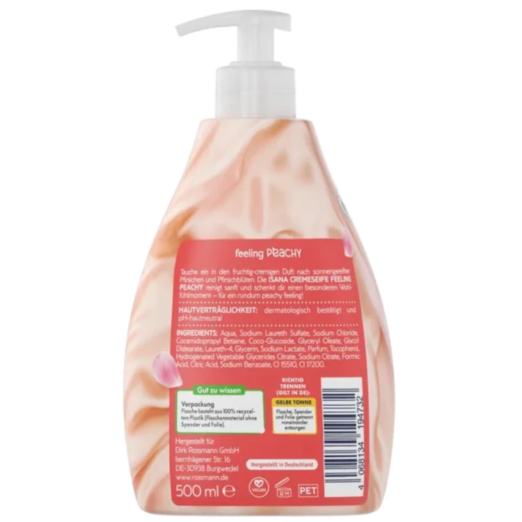Isana Feeling Peachy Kremowe Mydło Do Rąk Brzoskwinia 500ml Z Niemiec