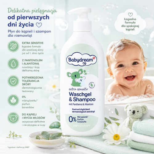 Babydream Extra Sensitive Delikatny Żel I Szampon Z Pomką Dla Niemowląt 500 ml
