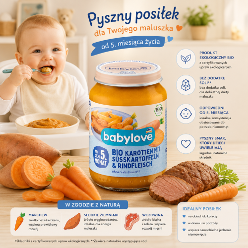 Babylove Ekologiczna Marchewka Bataty I Wołowina Zdrowy Obiadek Bez Soli 5m