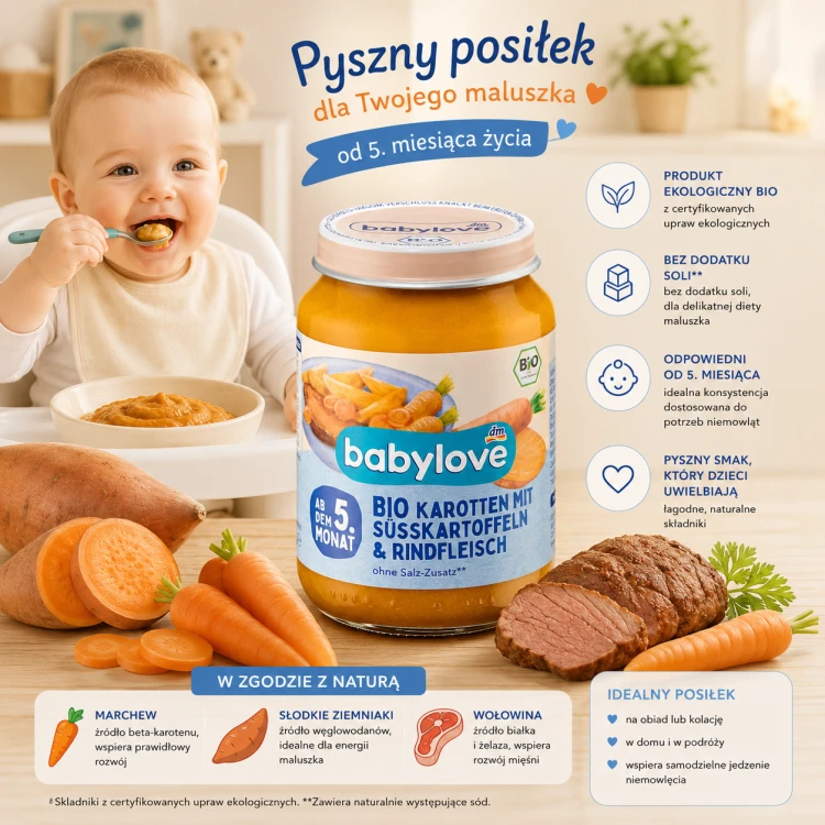 Babylove Ekologiczna Marchewka Bataty I Wołowina Zdrowy Obiadek Bez Soli 5m