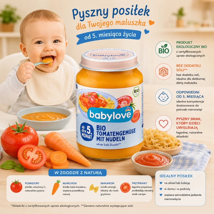 Babylove Ekologiczne Warzywa Z Makaronem I Pomidorami Bez Soli 5m
