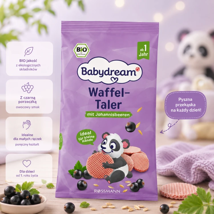 Babydream Bio Ekologiczne Lekkie Wafelki Jagodowe Chrupiące Ciasteczka 1+