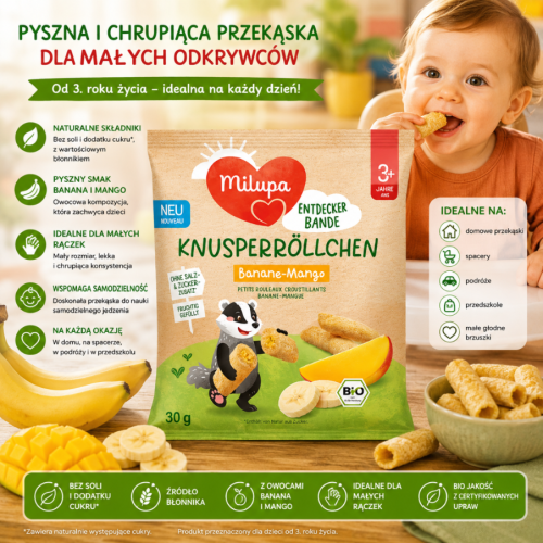 Milupa Bio Chrupące Ciasteczka Rolki Mini Bułeczki Banan Mango 3+ Nowość