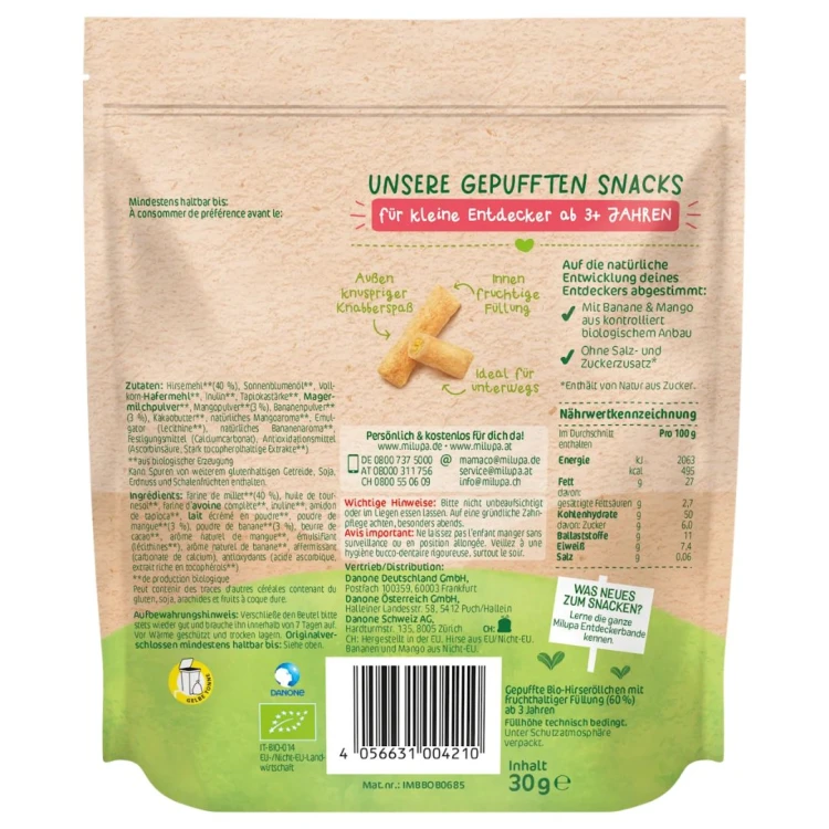 Milupa Bio Chrupące Ciasteczka Rolki Mini Bułeczki Banan Mango 3+ Nowość