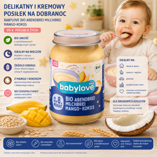 Babylove Bio Kolacja Dla Niemowląt Ryż Na Mleku Mango Z Kokosem Na Noc 8m