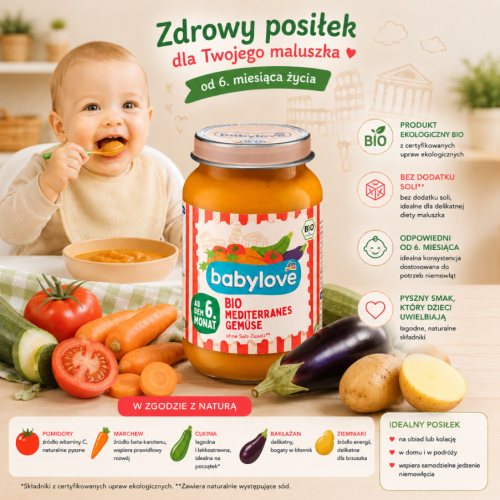 Babylove Bio Obiadek Ze Śródziemnomorskich Warzyw Z Bakłażanem 6m Bez Soli