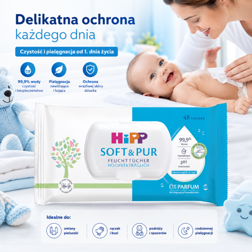 Hipp Chusteczki Nawilżane Dla Niemowląt Z Zamknięciem Soft & Pur 3x48szt