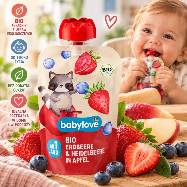 Babylove Bio Truskawka Jagoda Jabłko 100g Saszetka