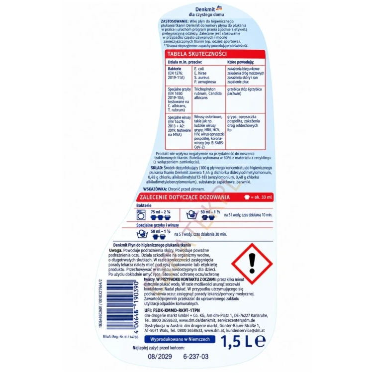 Denkmit Higieniczny Płyn Do Dezynfekcji Ubranek Bakterie Wirusy Grzyby 1,5L