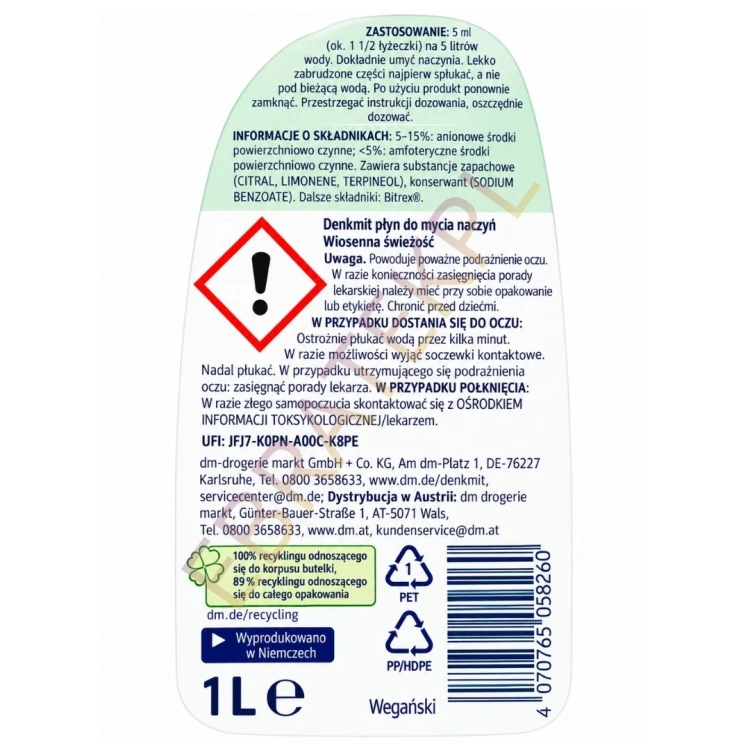 Denkmit Płyn Do Mycia Naczyń Skutecznie Usuwa Tłuszcz 1L Wiosenna Świeżość