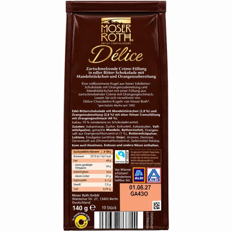 Moser Roth Delice Kule Praliny Krem Pomarańczowy I Migdały 140g